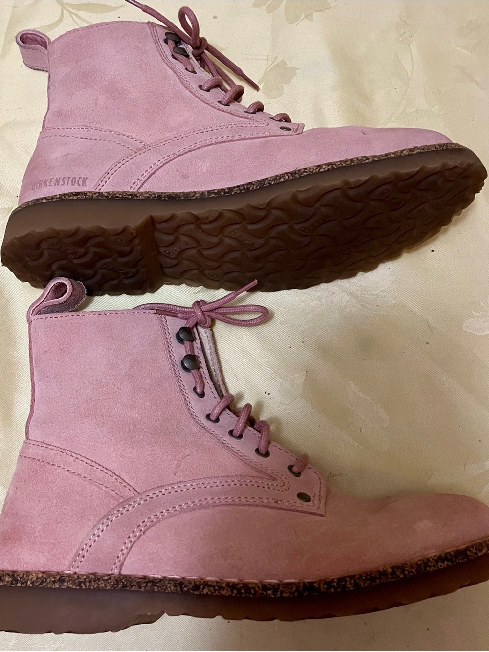 Rare Birkenstock Pink Suede Lace up Boots Size 39/ 8 Brown Rubber Footbed NWOT - Picture 13 of 15